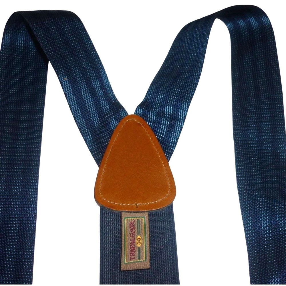 Trafalgar Mens Navy Blue Textured Silk Suspenders Braces Button End Y-Back USA